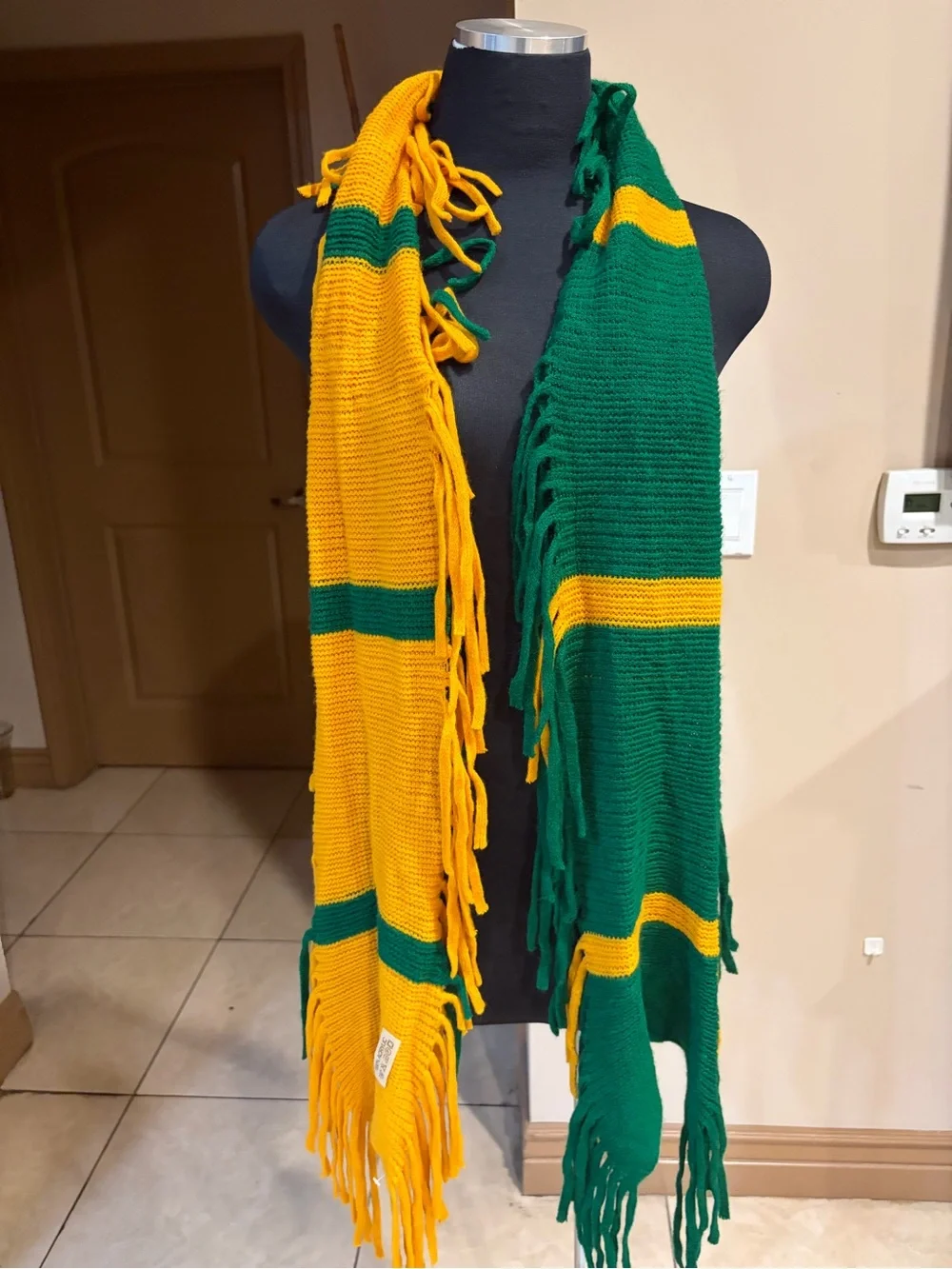 Green & Yellow Fringe Knit Scarf - Women's Accessory